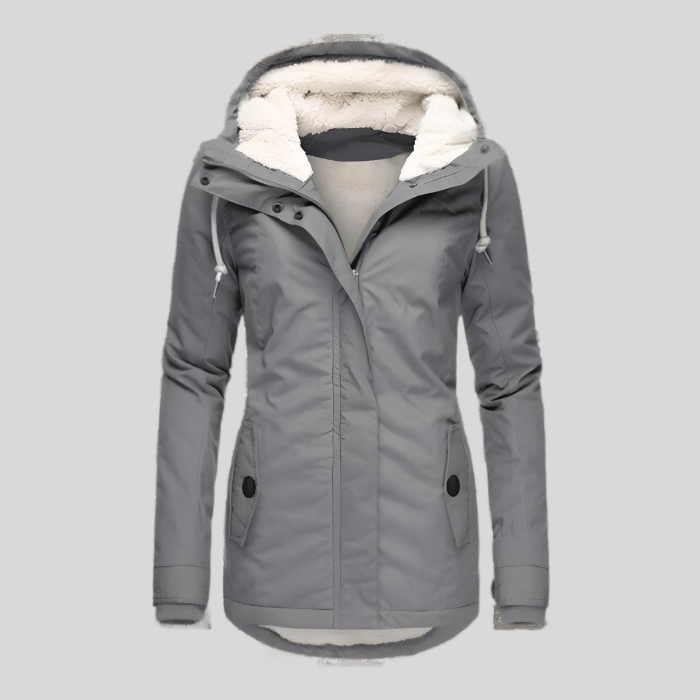 Grey hooded waterproof winter jacket, front view