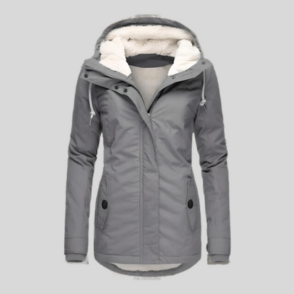 Grey hooded waterproof winter jacket, front view