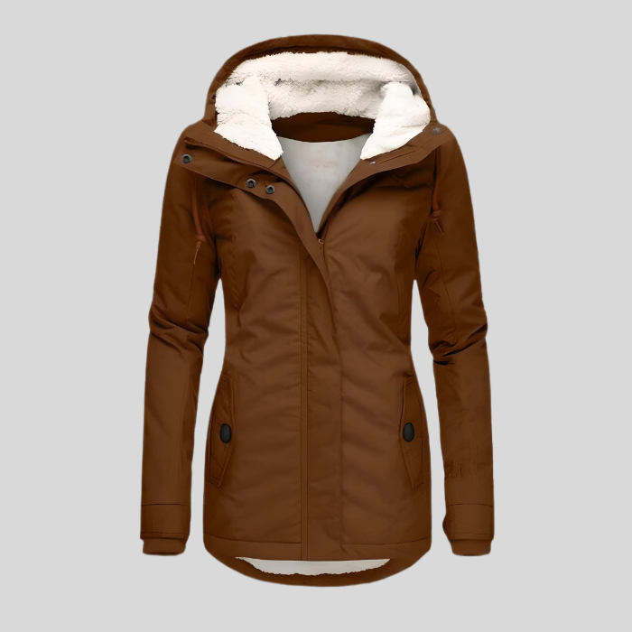 Khaki hooded waterproof winter jacket, front view