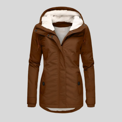 Khaki hooded waterproof winter jacket, front view