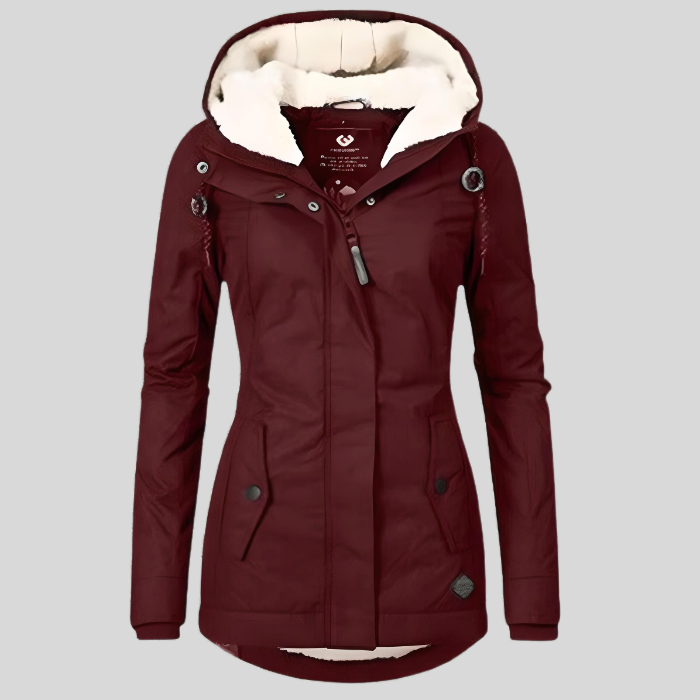 Red hooded waterproof winter jacket, front view