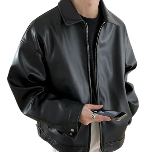 Black oversized leather bomber jacket, front view