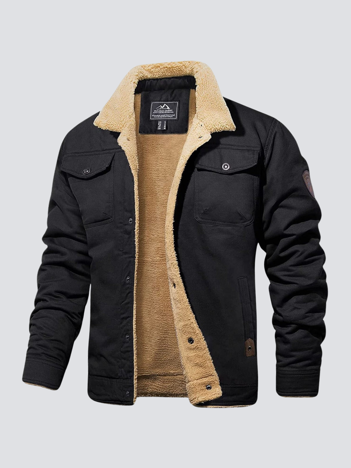 Black padded winter jacket, front view