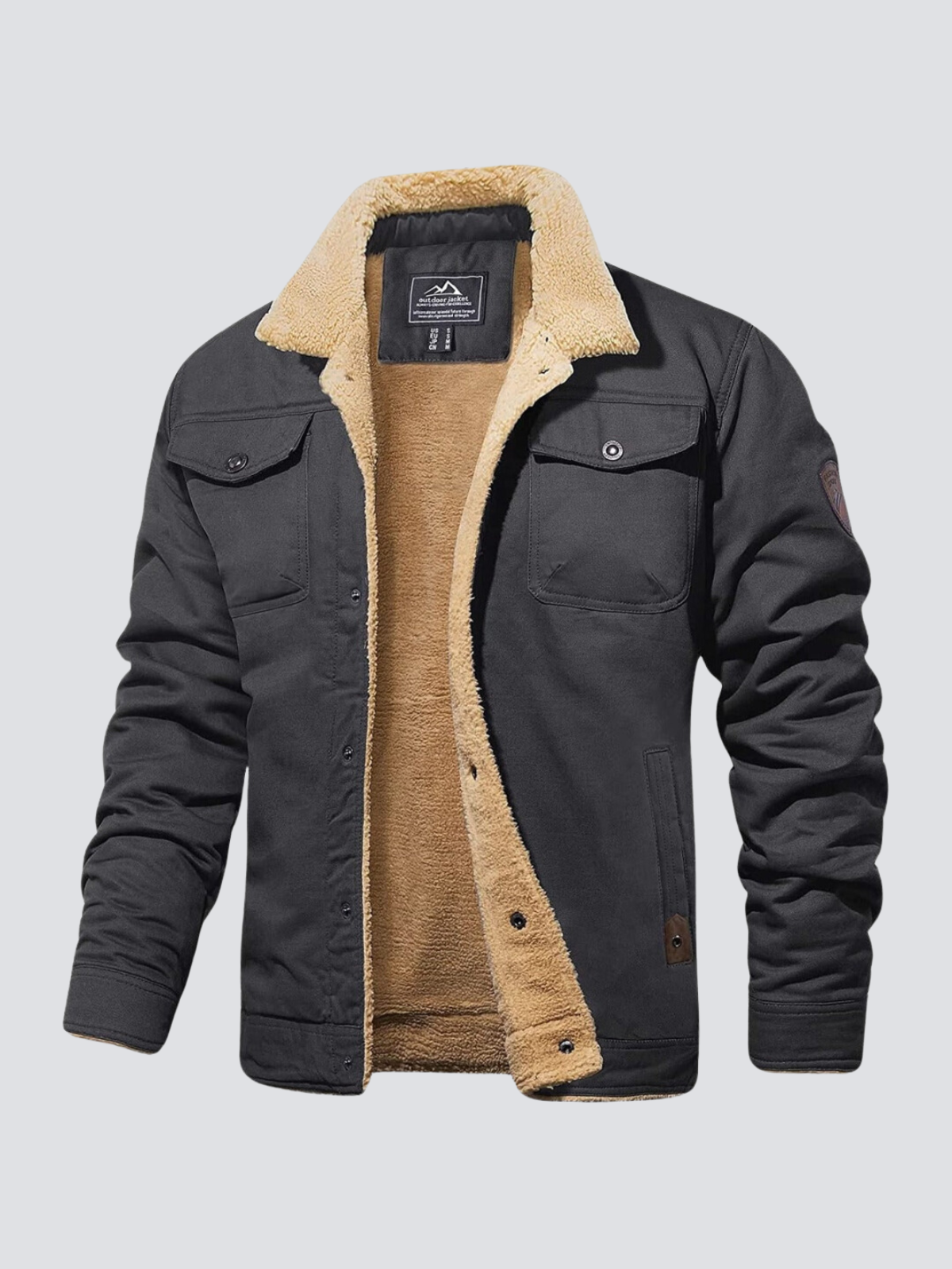 Grey padded winter jacket, front view