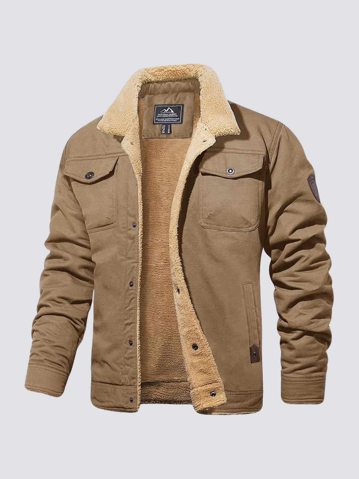 Khaki padded winter jacket, front view