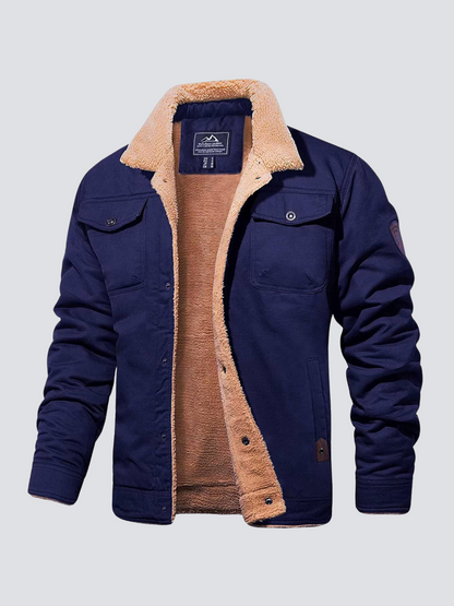 Navy padded winter jacket, front view