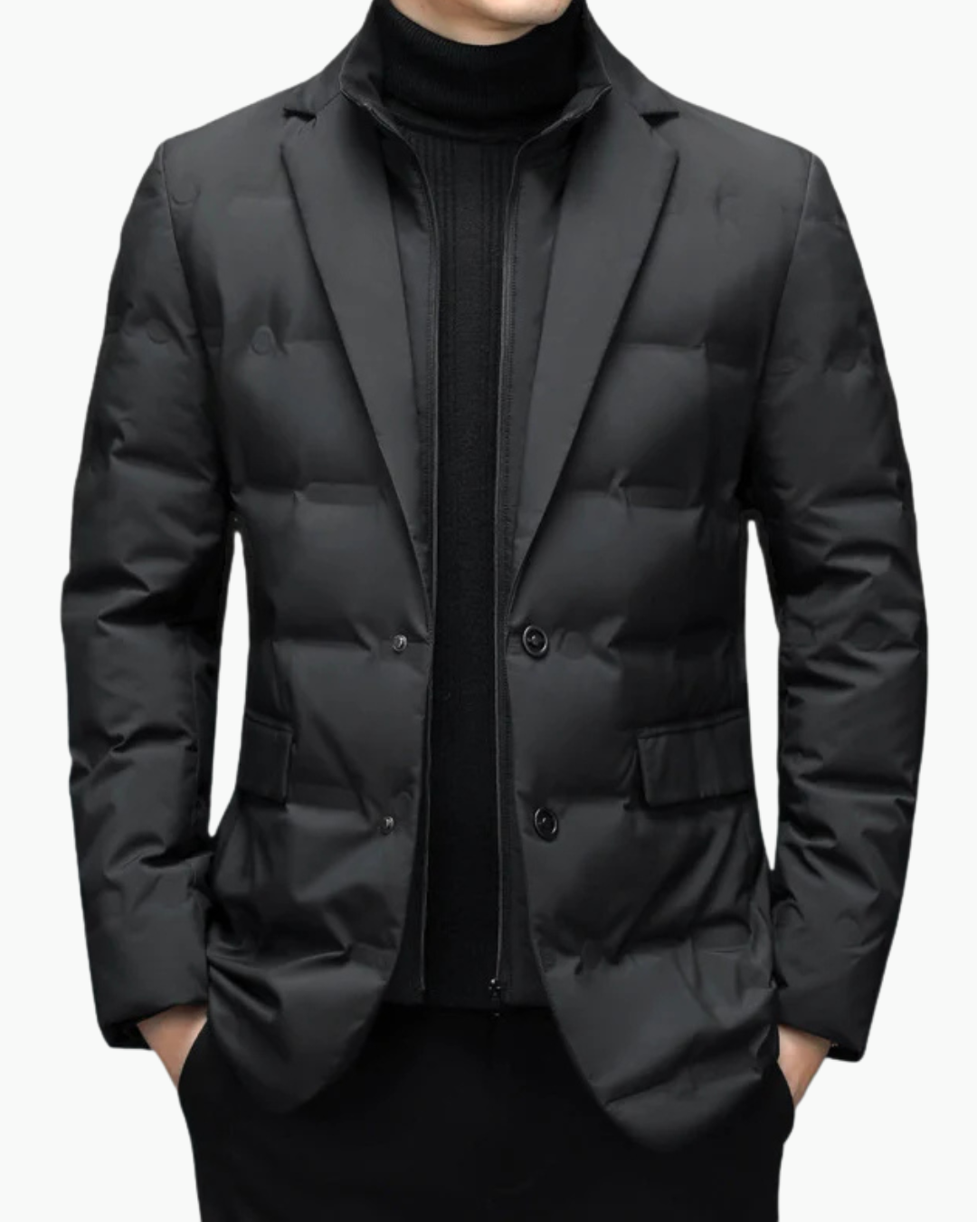 Black quilted down jacket, front view