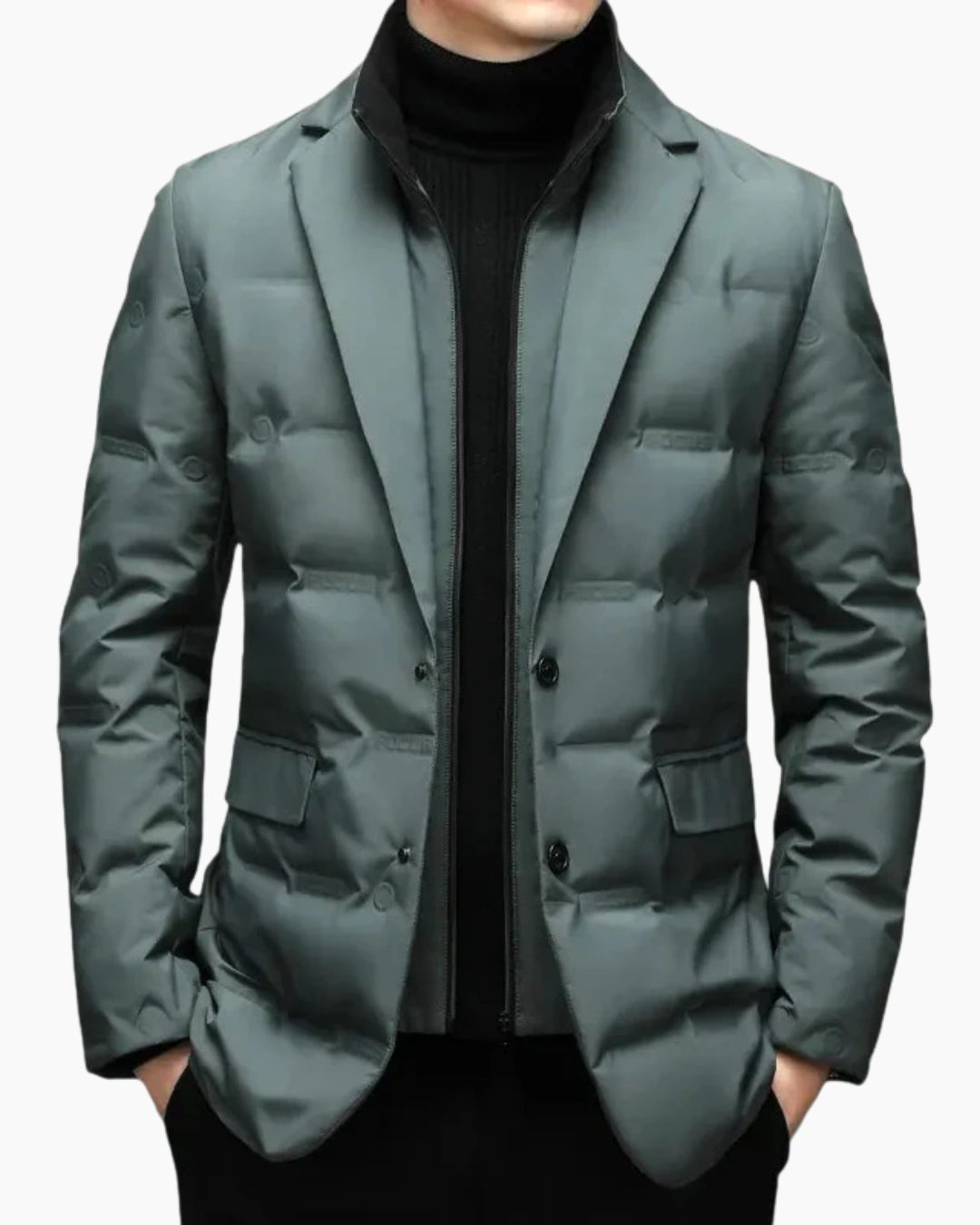 Light green quilted down jacket, front view