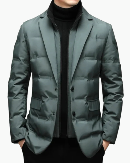 Light green quilted down jacket, front view