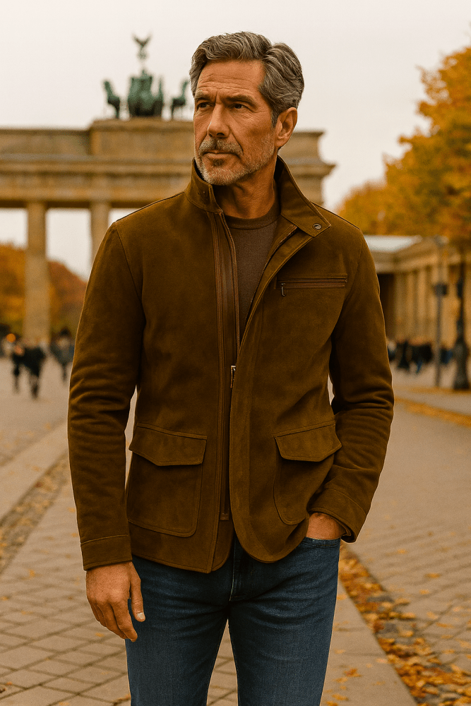 Suede zip-through jacket, front view