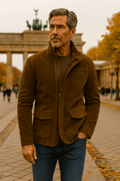 Suede zip-through jacket, front view
