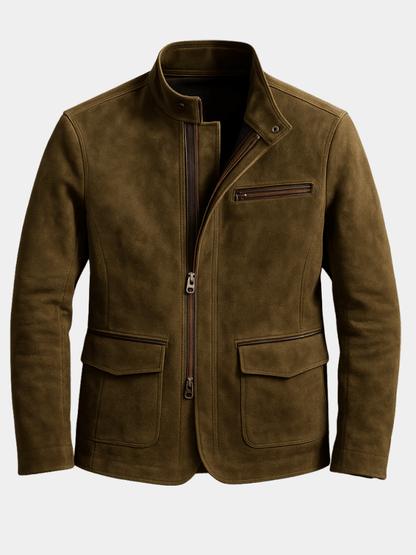 Suede zip-through jacket styled as a casual look