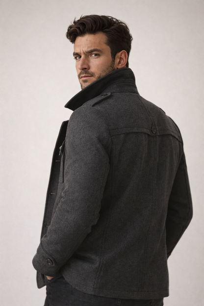 Back detail of the tailored wool blend overcoat