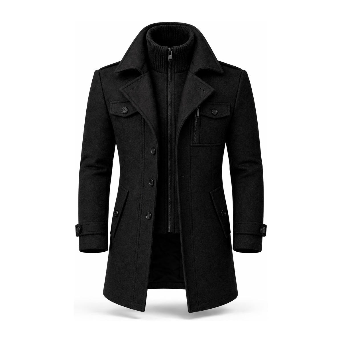 Black tailored wool blend overcoat, front view