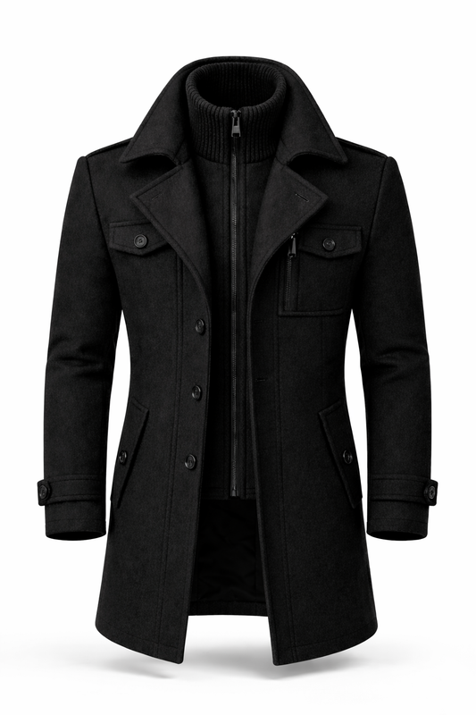 Black tailored wool blend overcoat, front view