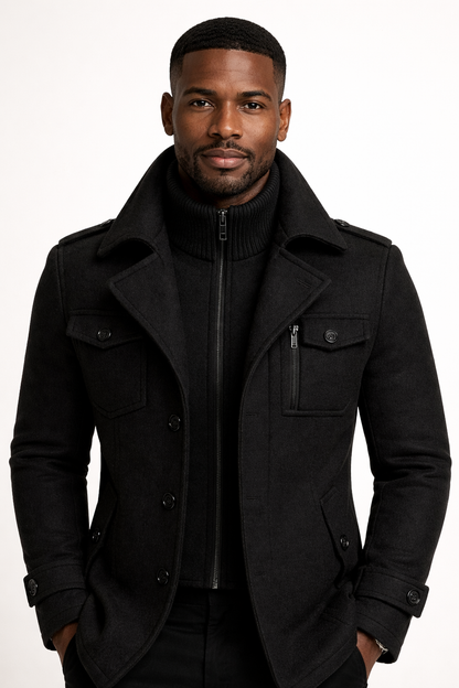 Man wearing the black tailored wool blend overcoat