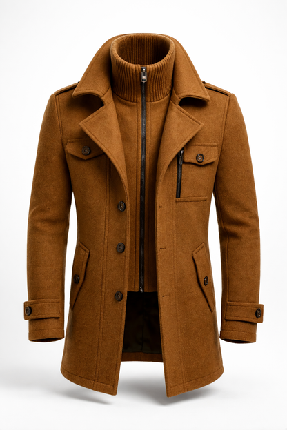 Camel tailored wool blend overcoat, front view