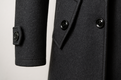 Close up of the collar and buttons of the overcoat
