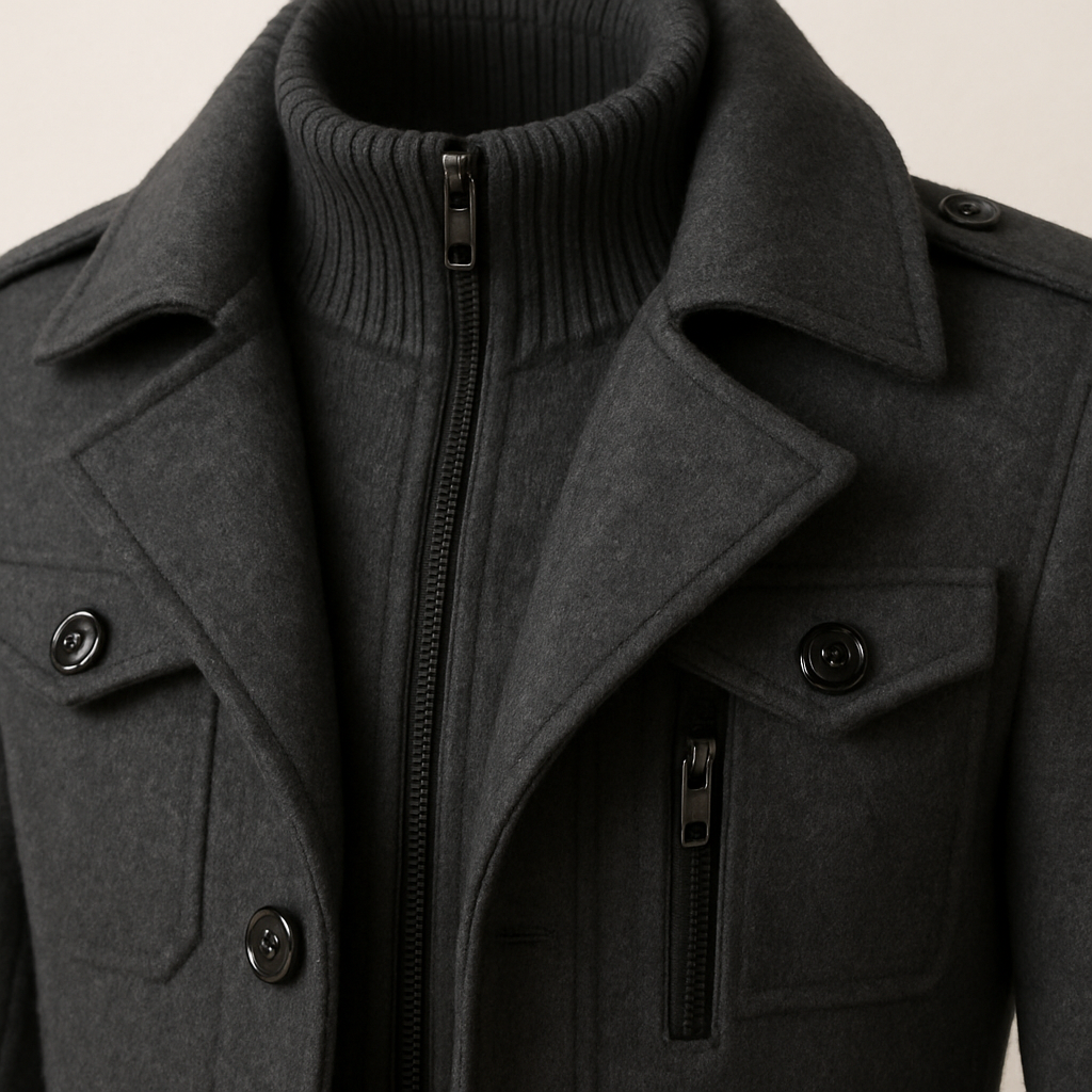 Close up of the wool blend fabric of the overcoat