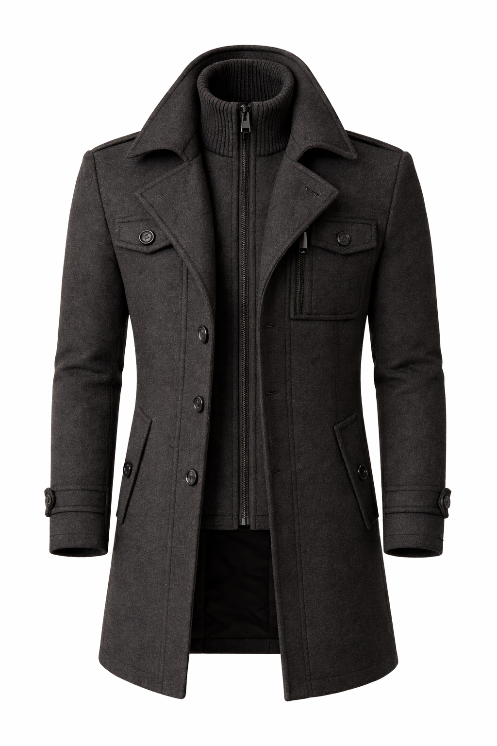 Grey tailored wool blend overcoat, front view