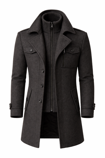 Grey tailored wool blend overcoat, front view