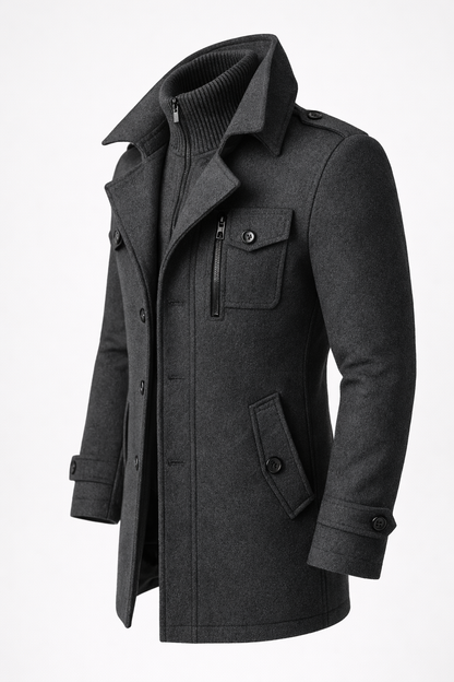 Grey tailored wool blend overcoat, side view