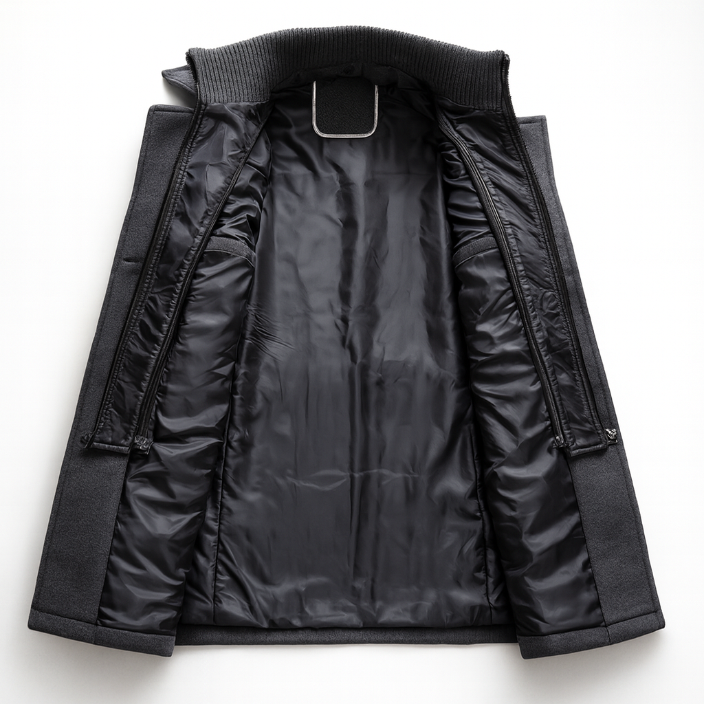 Insulated lining of the tailored wool blend overcoat