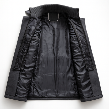Insulated lining of the tailored wool blend overcoat