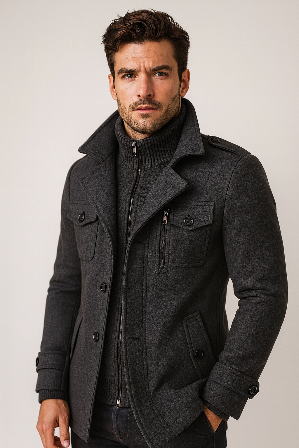 Tailored wool blend overcoat styled as a winter look