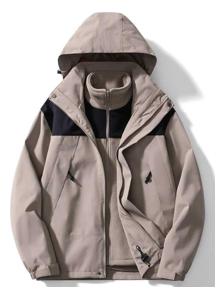 Khaki 3-in-1 outdoor jacket with fleece inner jacket