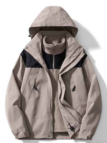 Khaki 3-in-1 outdoor jacket with fleece inner jacket