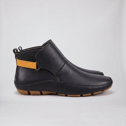 Black vintage flat leather-look ankle boots with contrast strap