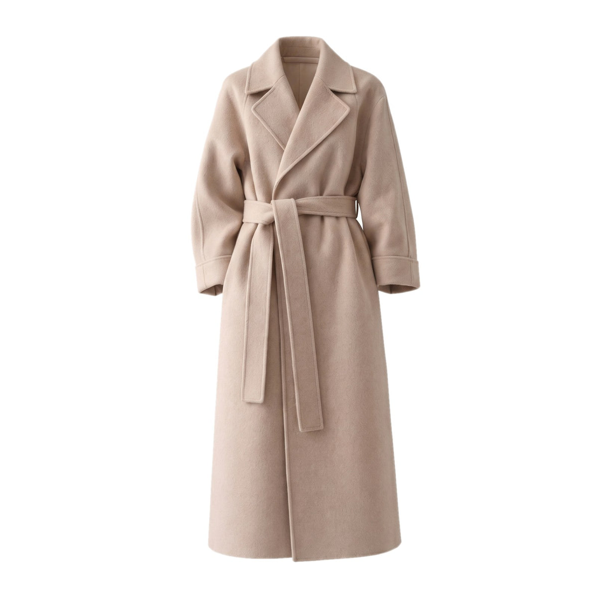 Women's Belted Long Coat with Lapel Collar and Side Pockets 1