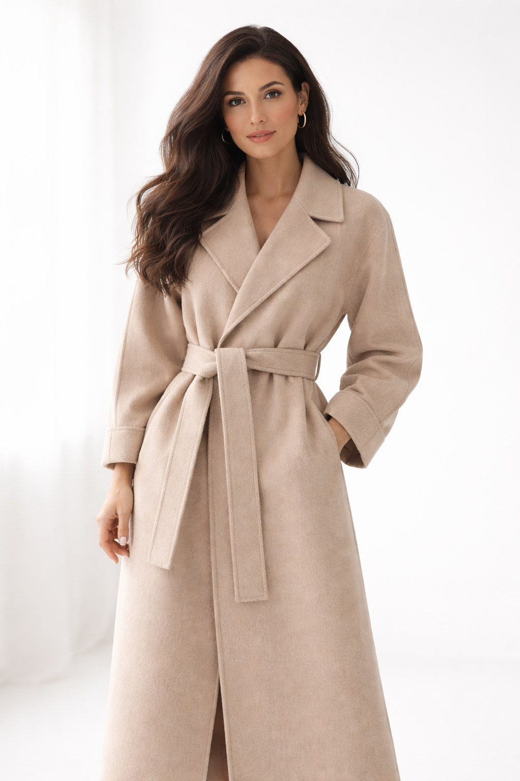 Women's Belted Long Coat with Lapel Collar and Side Pockets 2
