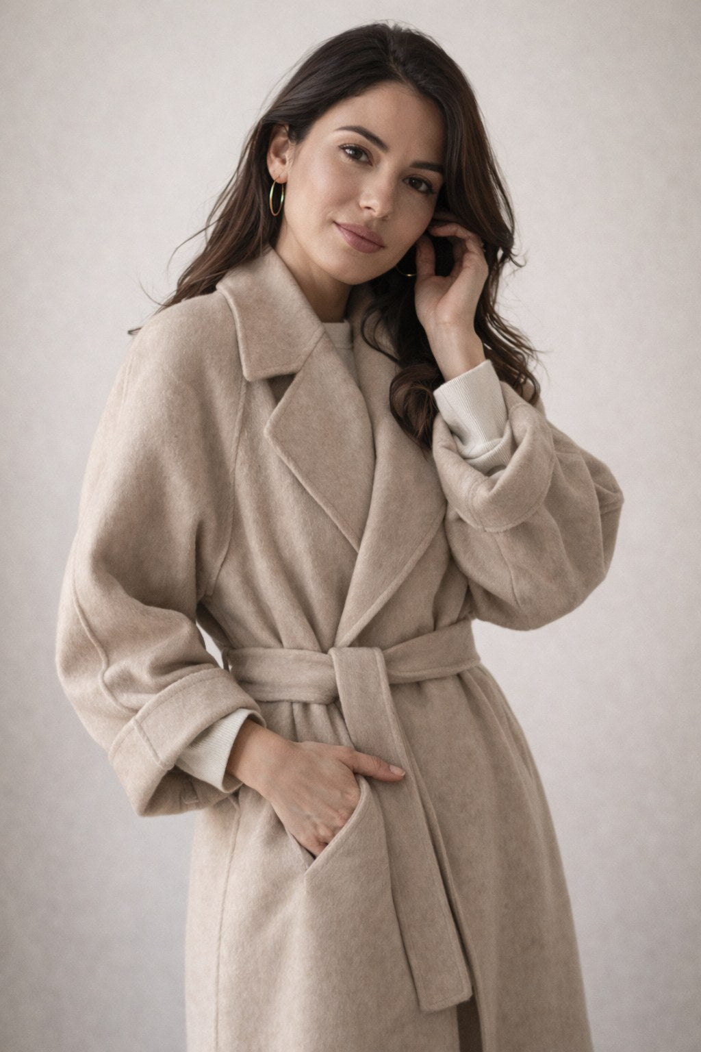 Women's Belted Long Coat with Lapel Collar and Side Pockets 3
