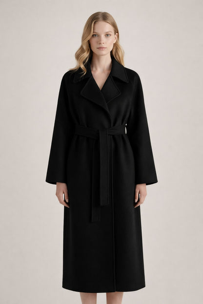 Women's Belted Long Coat with Lapel Collar and Side Pockets 12