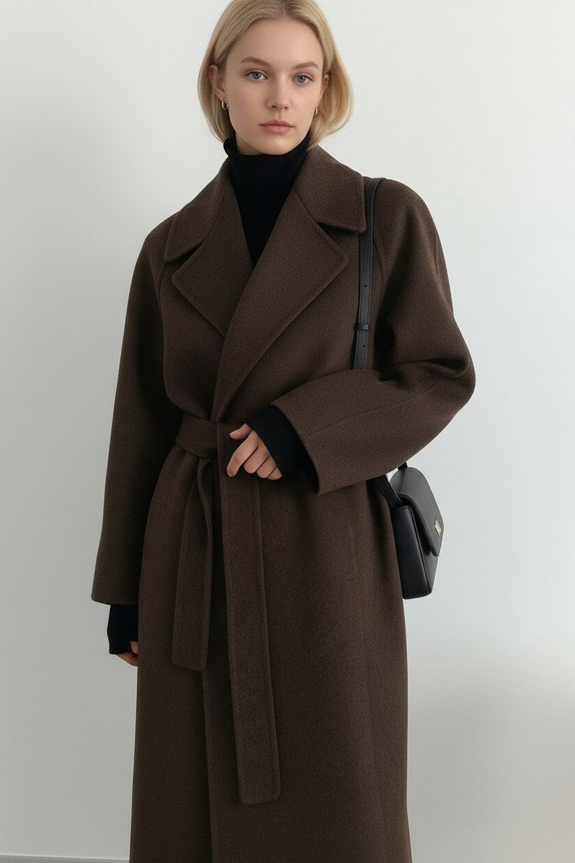 Women's Belted Long Coat with Lapel Collar and Side Pockets 5
