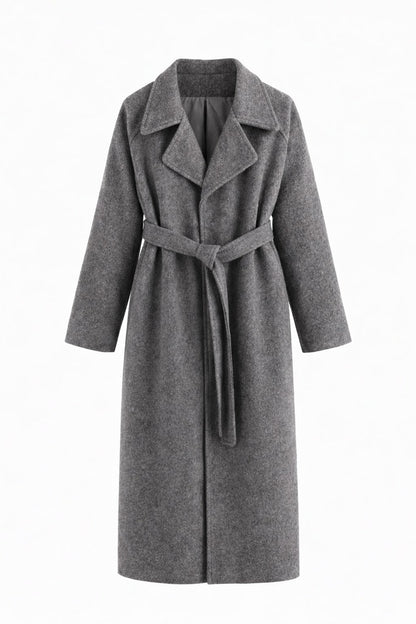 Women's Belted Long Coat with Lapel Collar and Side Pockets 9