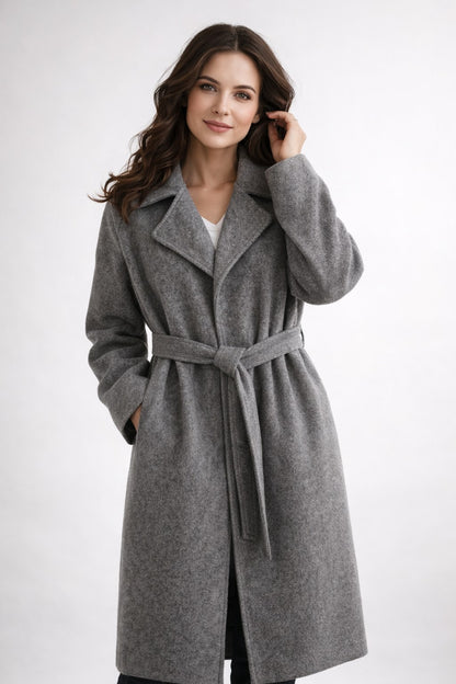 Women's Belted Long Coat with Lapel Collar and Side Pockets 10
