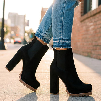 Block Heel Ankle Boots, Faux Suede with Lugged Platform Sole 3