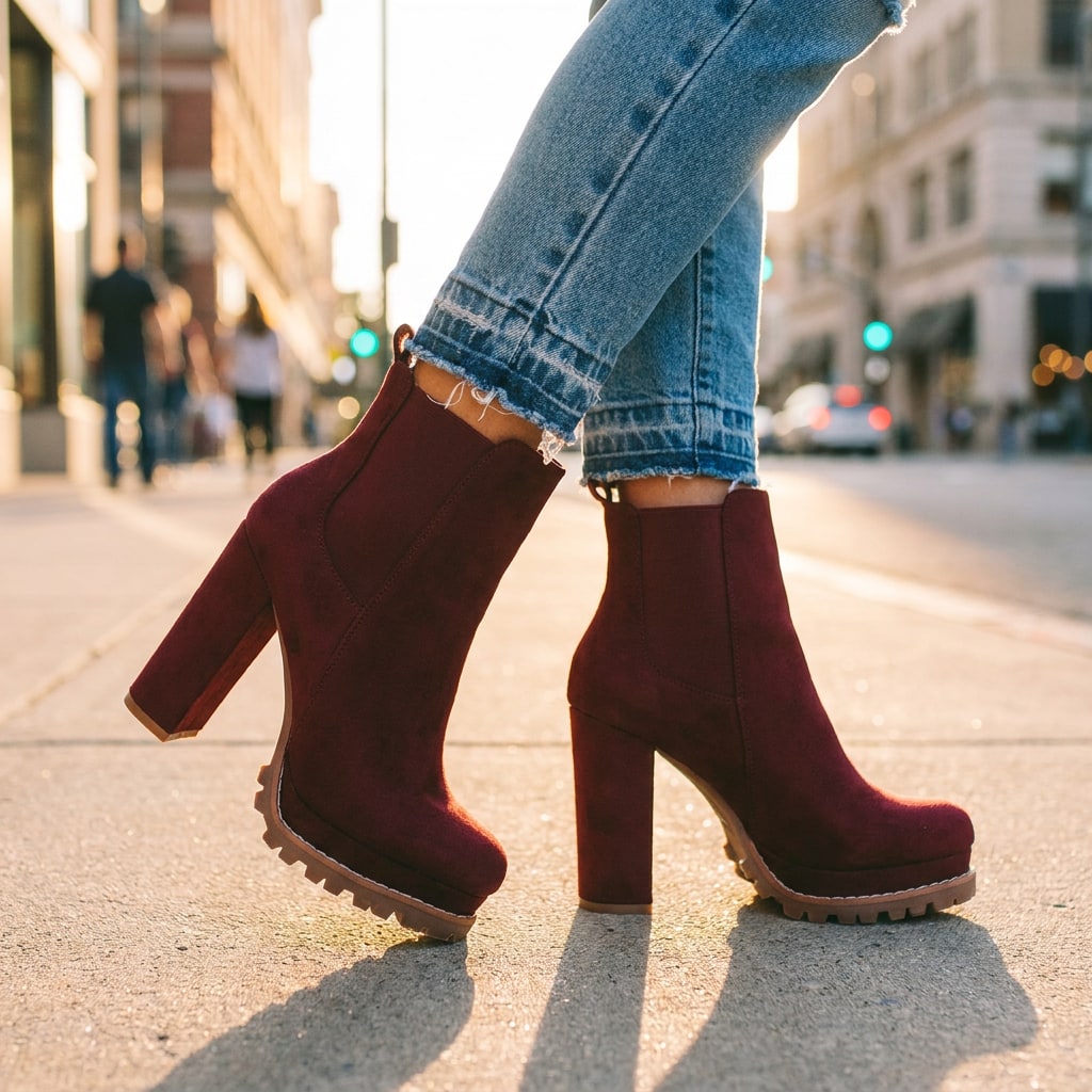 Block Heel Ankle Boots, Faux Suede with Lugged Platform Sole 6