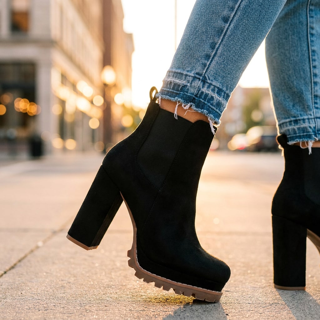 Block Heel Ankle Boots, Faux Suede with Lugged Platform Sole 7