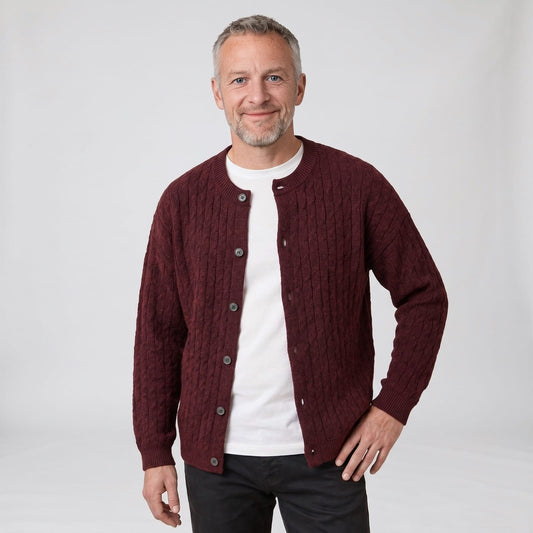 Burgundy crew neck cable knit button cardigan