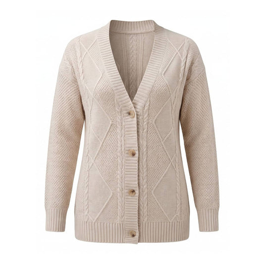 Beige cable knit button cardigan with V-neck
