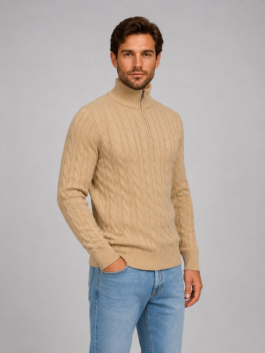 Cable Knit Quarter Zip Jumper Men's Funnel Neck Knitwear 4