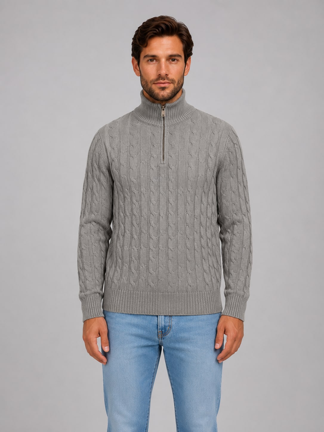 Cable Knit Quarter Zip Jumper Men's Funnel Neck Knitwear 6