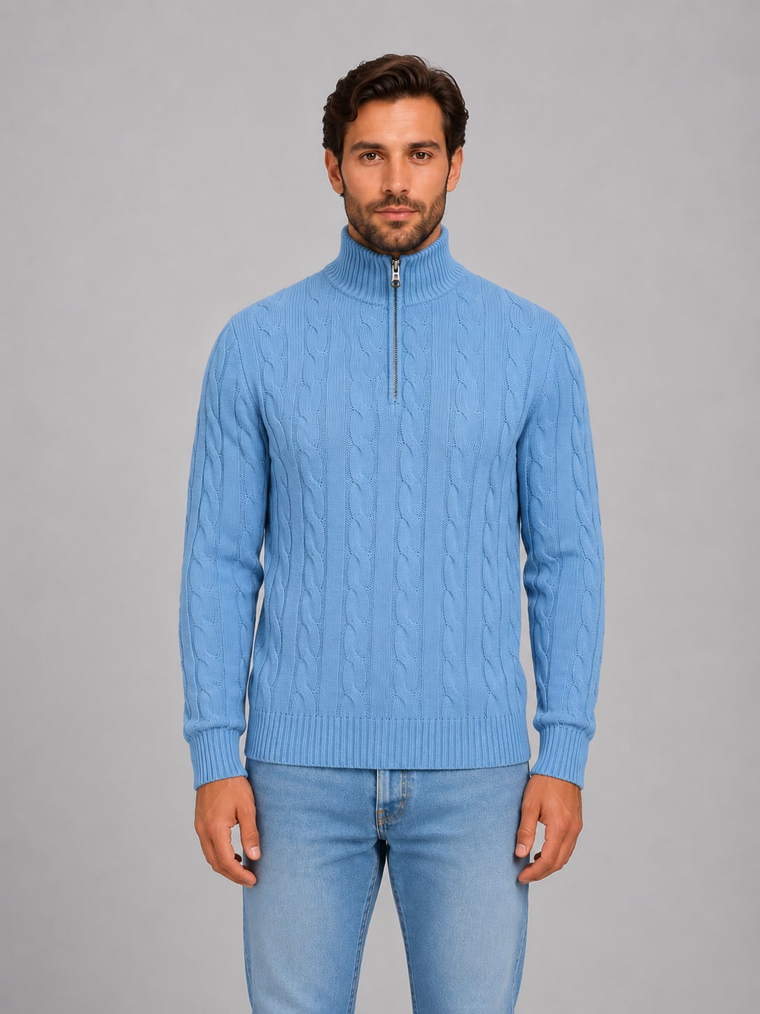 Cable Knit Quarter Zip Jumper Men's Funnel Neck Knitwear 8