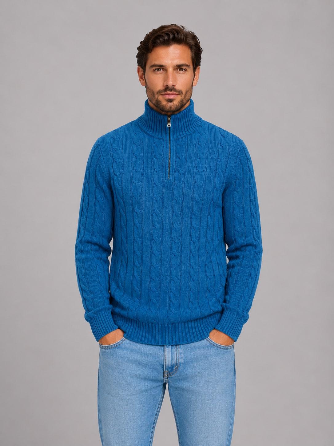 Cable Knit Quarter Zip Jumper Men's Funnel Neck Knitwear 9