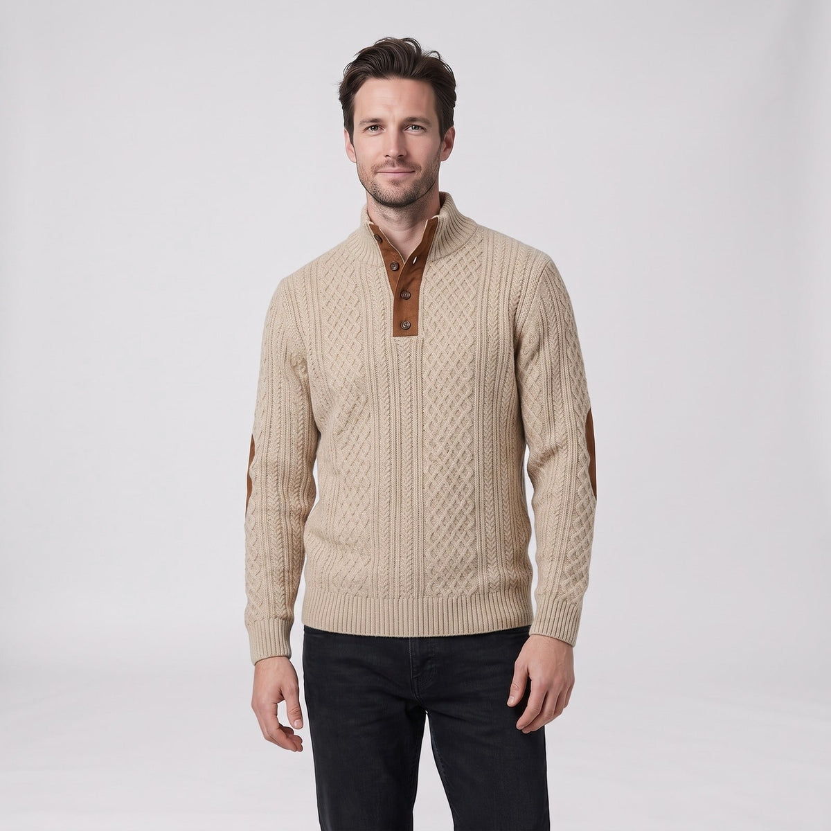 Cable Knit Sweater for Men, Button Collar Jumper with Patches 1