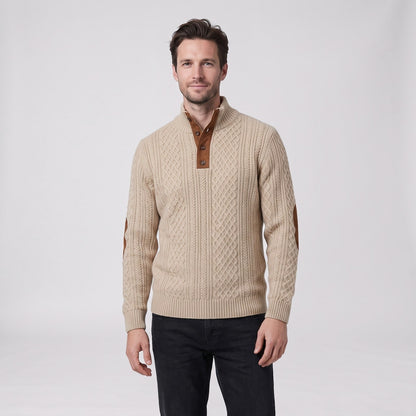 Cable Knit Sweater for Men, Button Collar Jumper with Patches 1